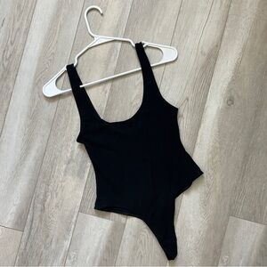 Free People Scoop Neck Thong Bodysuit Black (Small) semi sheer fitted party